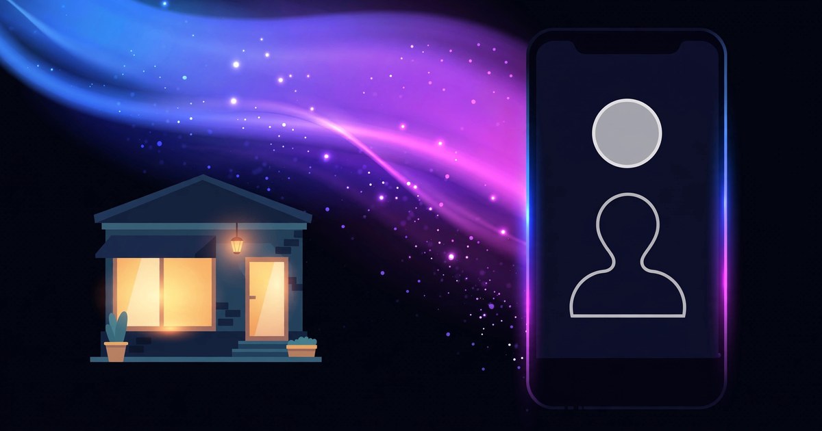 A glowing small shop storefront beside a large dark phone showing a blank profile outline, in blue, violet, and fuchsia gradient light
