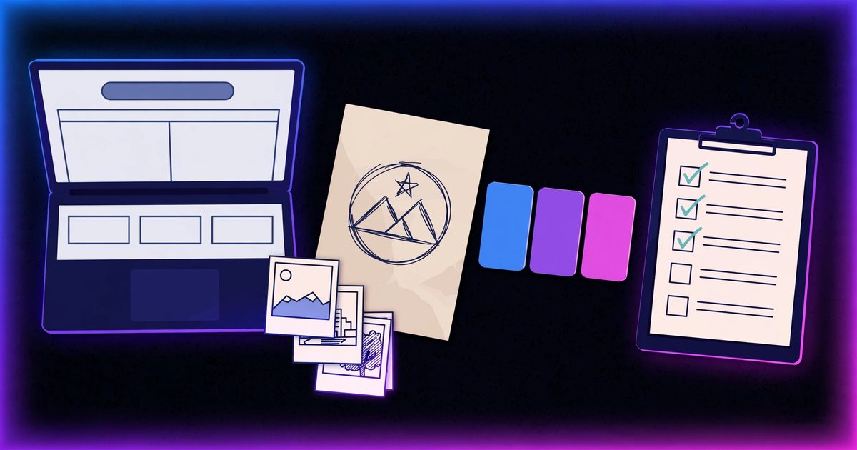 A laptop with a website layout, a logo sketch, photos, color swatches, and a checklist laid out on a desk