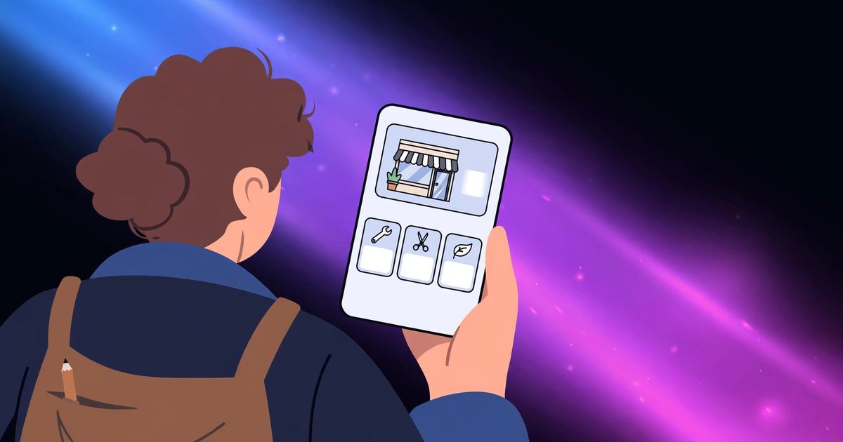 A business owner holding a phone showing a simple shop website, in blue, violet, and fuchsia gradient light