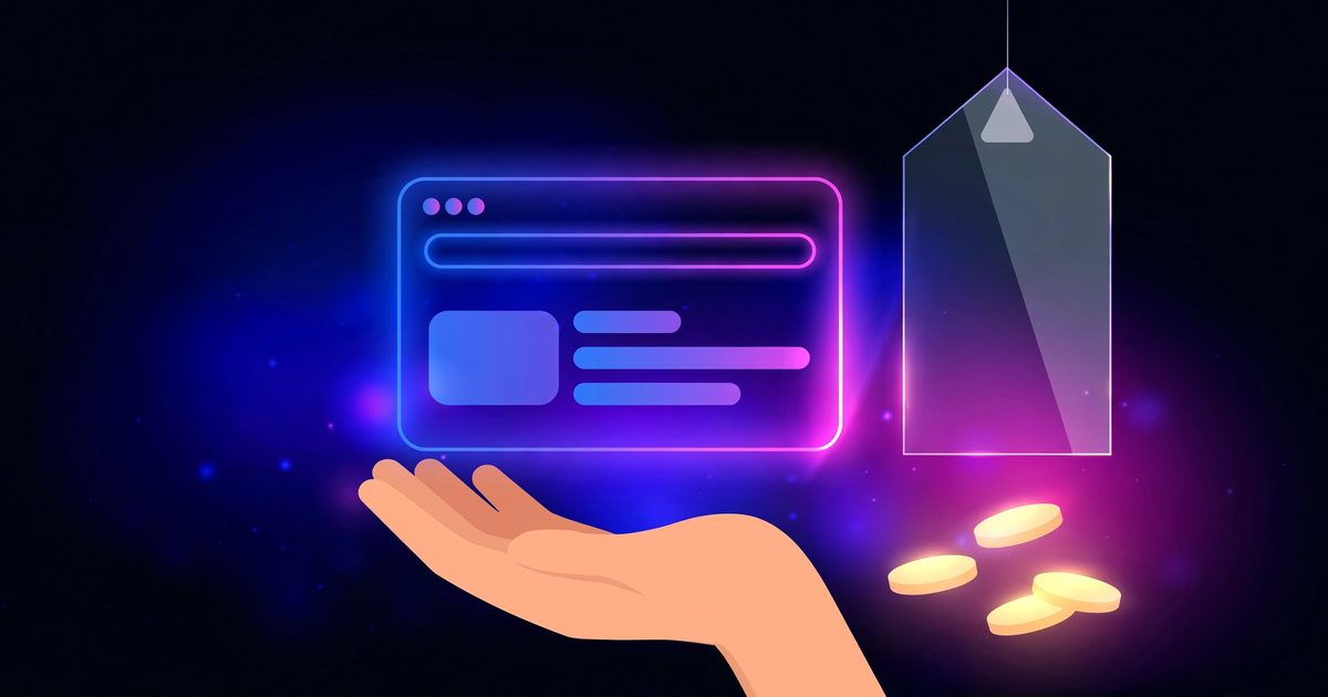 An open hand holding a glowing website window next to a transparent, empty price tag