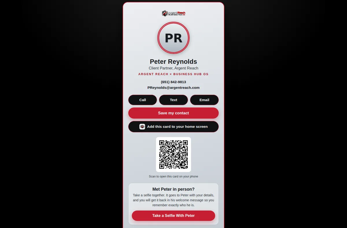 Peter Reynolds digital business card with on-page QR code and take-a-selfie button