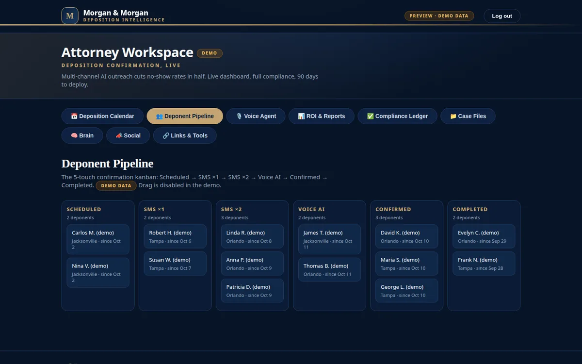 Attorney workspace deponent pipeline, demo data