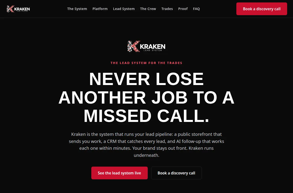Kraken lead system website, live screenshot